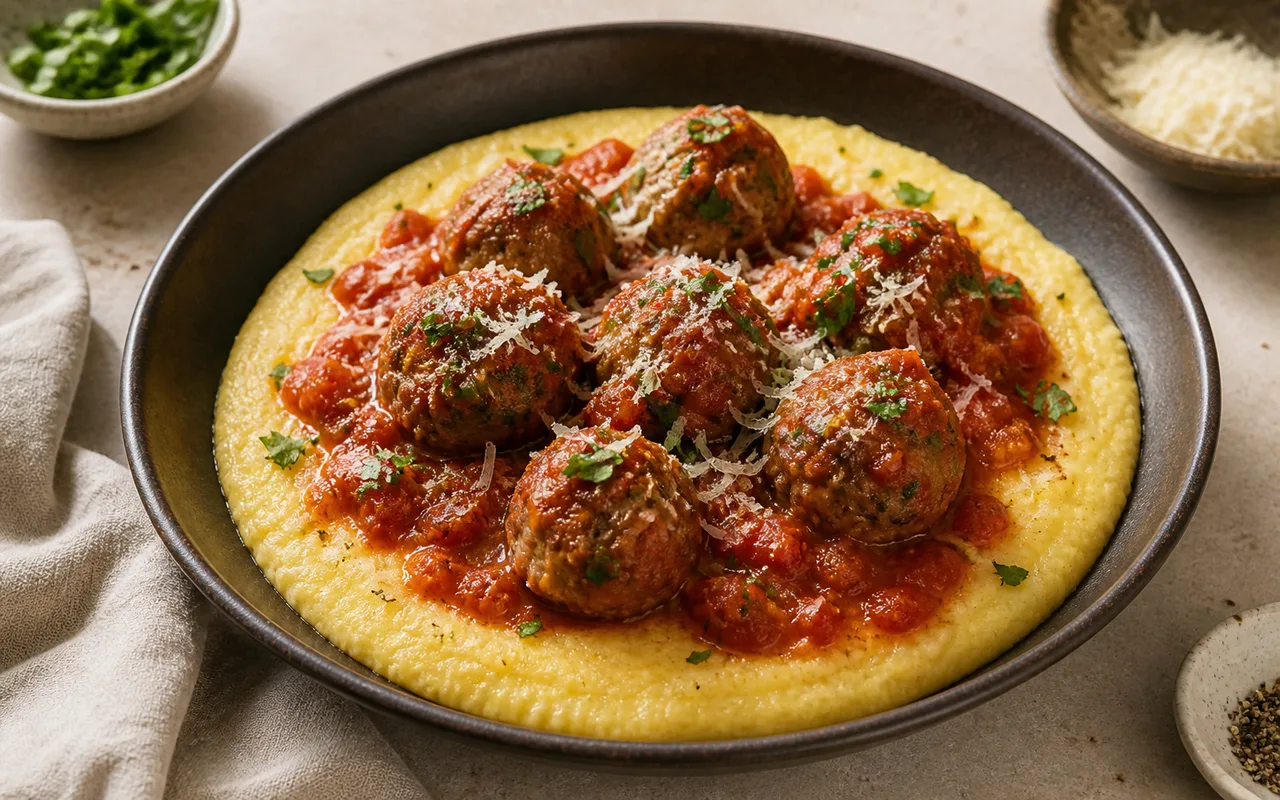 Fotografia de Almôndegas com polenta cremosa