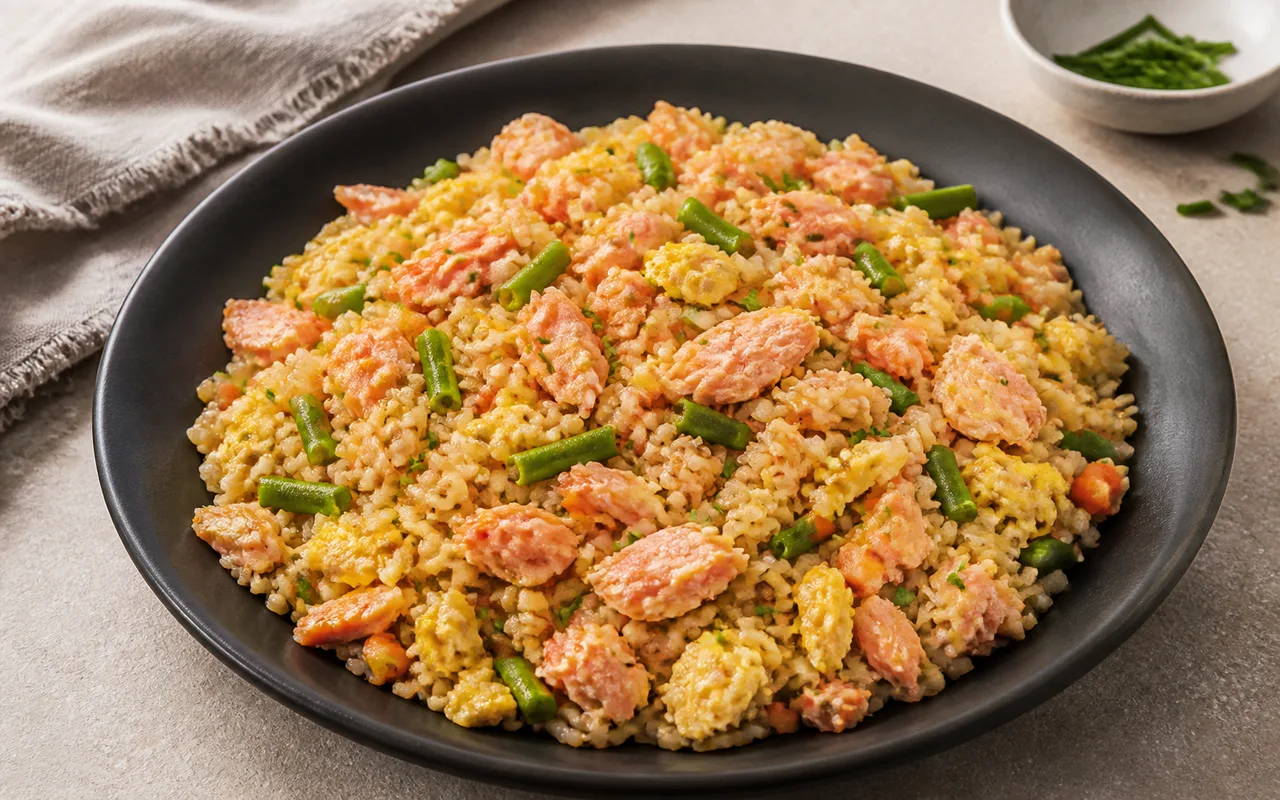Fotografia de Arroz frito com salmão e ovo