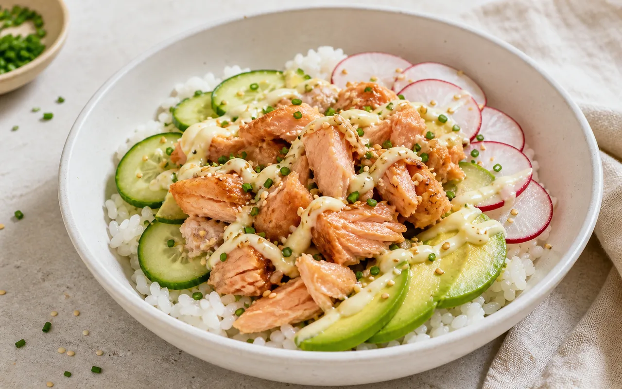 Fotografia de Bowl de salmão com arroz e pepino