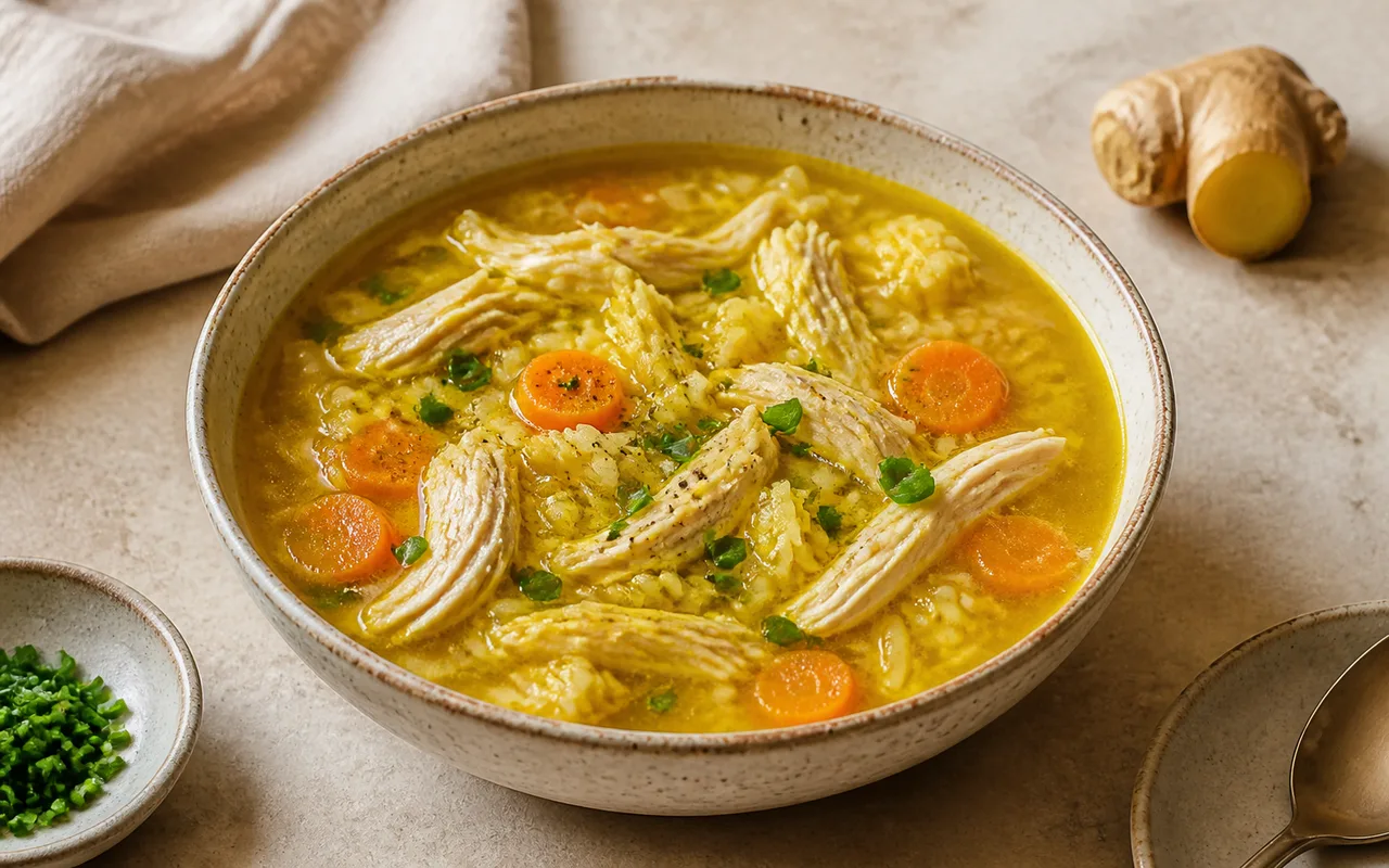 Fotografia de Canja de frango com açafrão-da-terra