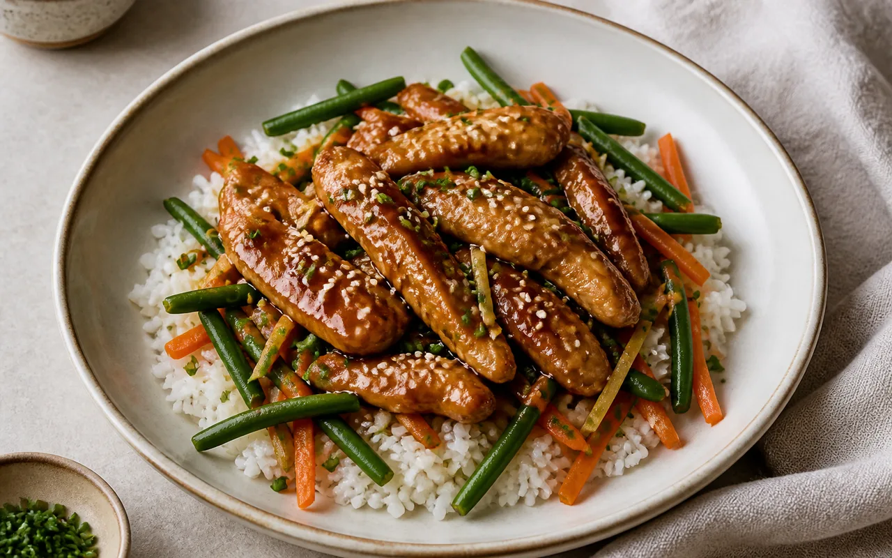 Fotografia de Frango teriyaki com arroz