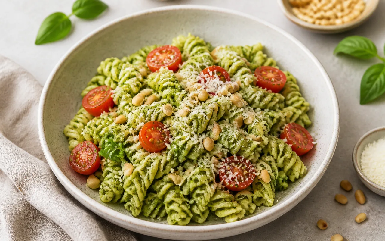 Fotografia de Macarrão com pesto de manjericão