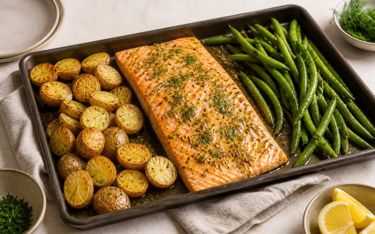 Fotografia de Salmão de forno com batata e vagem